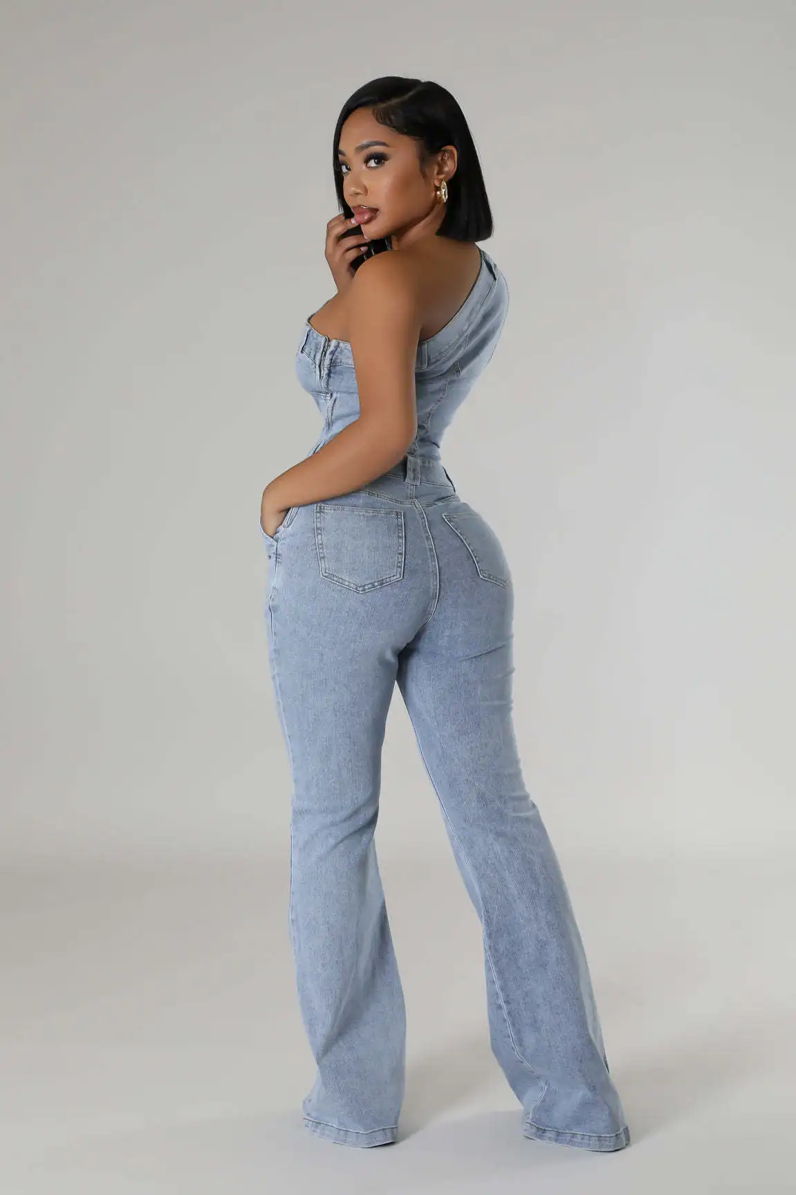 Summer Women Casual Diagonal Shoulder Tight Waist Slim Stretch Denim Romper Jumpsuit Streetwear Flared Pants Jeans Jumpsuit