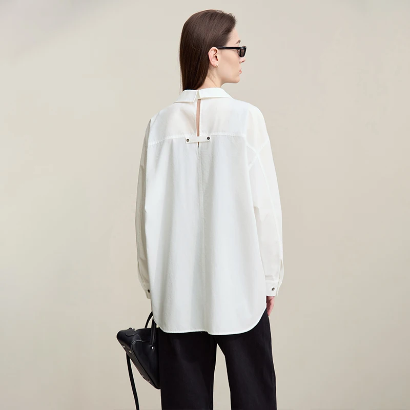 Amii camisa feminina 2026 primavera nova lapela camisa de manga longa volta colarinho fenda branco versátil solto blusa casual para mulher 12641099