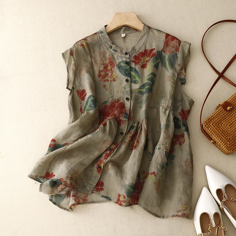 Sleeveless Vest Floral Printing Vintage Linen O-Neck Single Breasted Women\'s Blouse Shirt Female Clothing Tops 2024 Spring