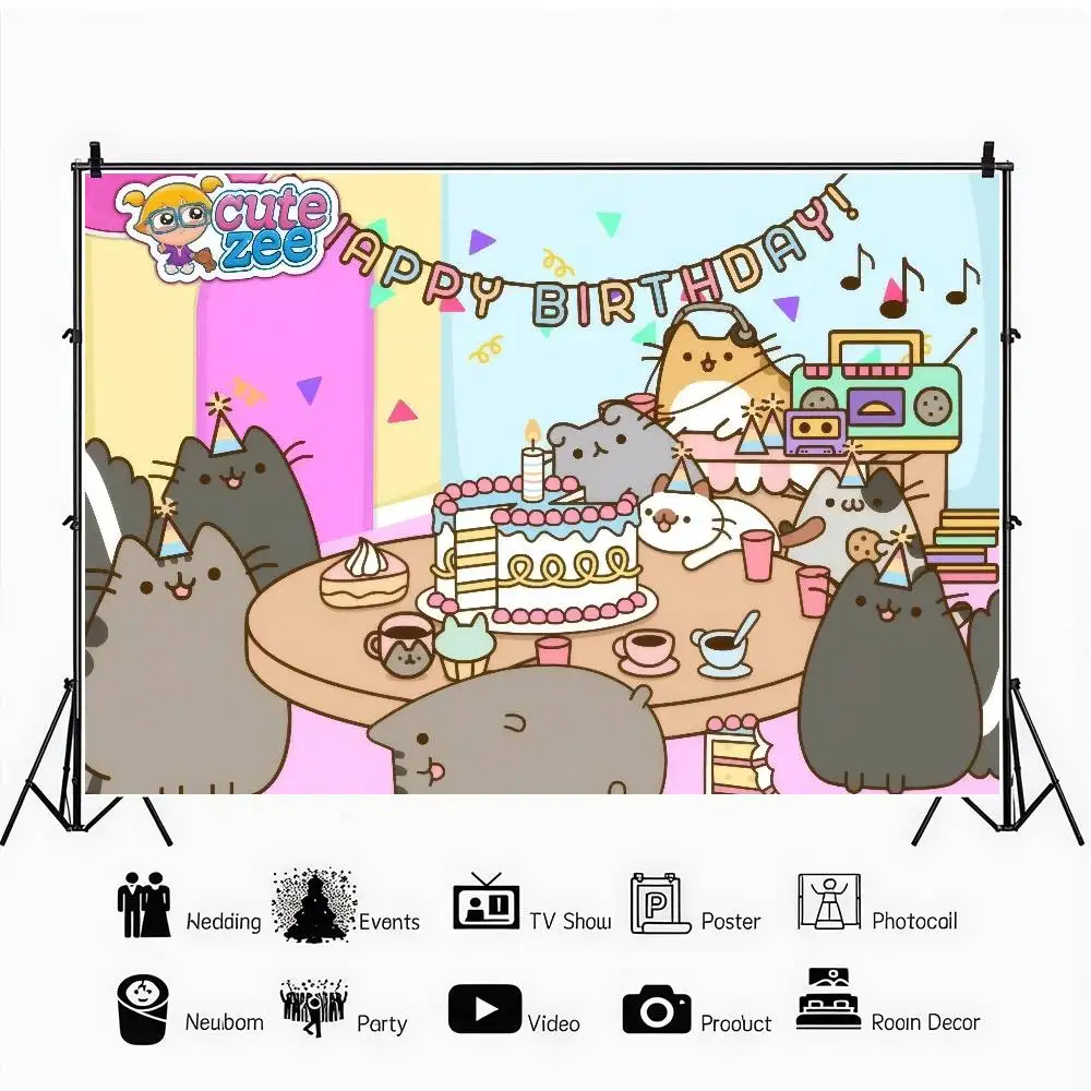 Anime P-P-Pusheen Katze Geburtstag Hintergrund Produktfotografie Requisiten Fotostudio Party Dekoration Tapeten – Detail 6