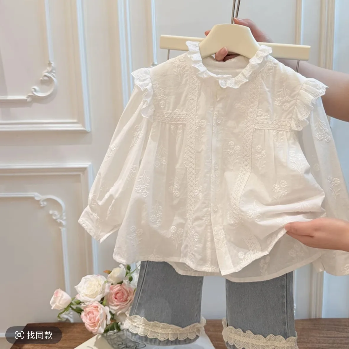 Girls Pure Cotton Embroidered Shirt Spring Autumn Children Stand Collar Lace Blouse White Breathable Soft Top  Sweet