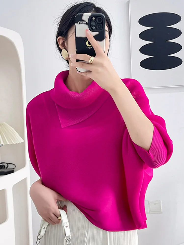 LANMREM Batwing Sleeves Pleated T-shirt For Women Lapel Solid Color Loose Big Size Female Casual Top 2024 Summer New 2DA6800