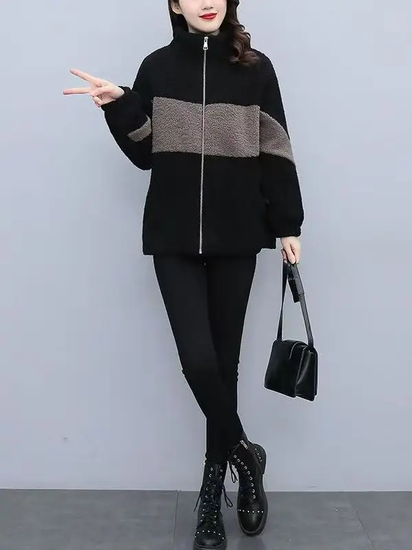 

Women's Fce Lined Thiened ort Coat Casual Loose Fit Polyester Fiber Gauzy Lamb Trimmed Coat Regular Length Zipper Closure