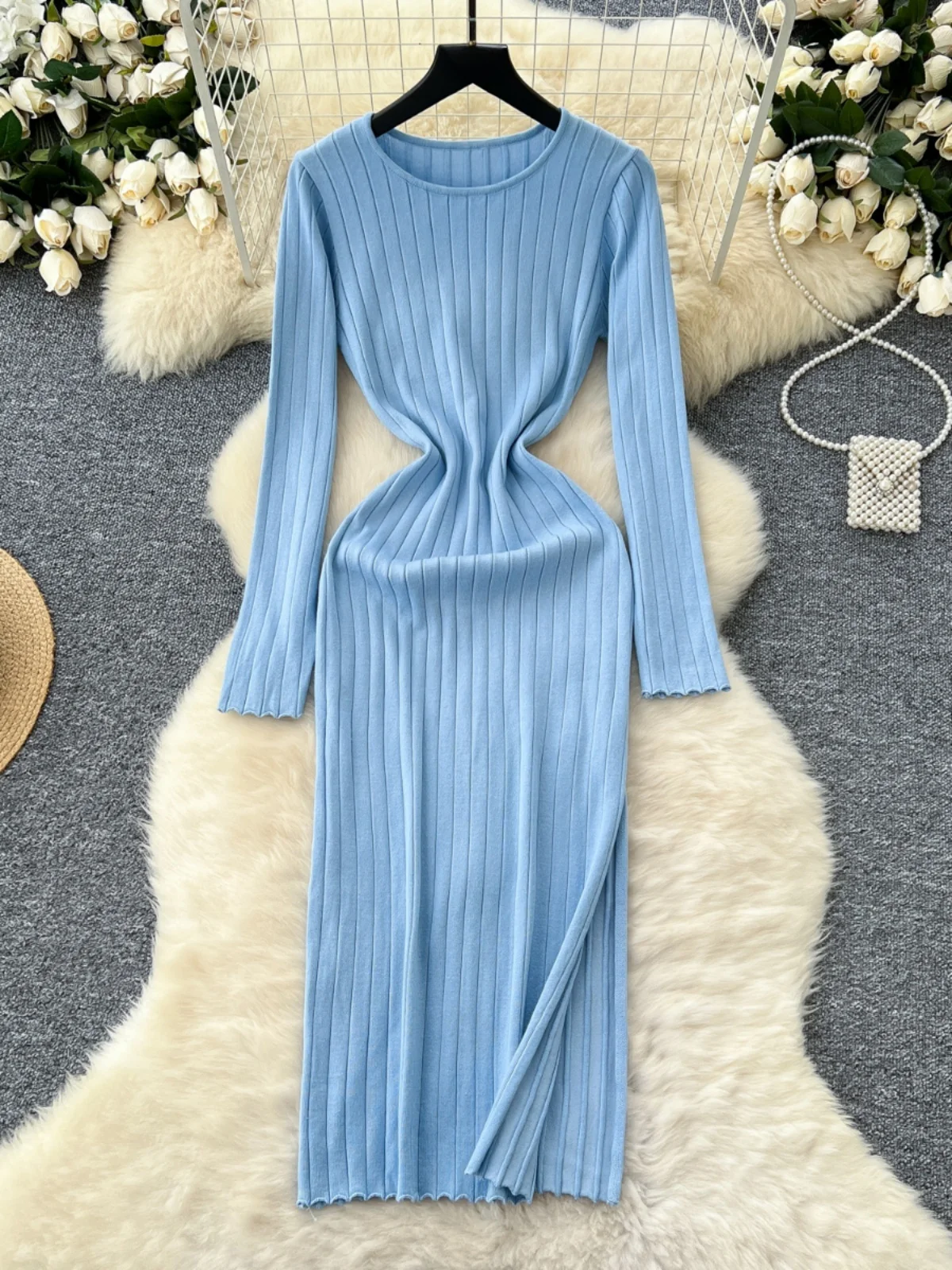 Vestido de Malha F de Crimento Médio, Vestido Suéter Elástico Modelador de Camada Base, Cintura Alta, Estilo Corean...