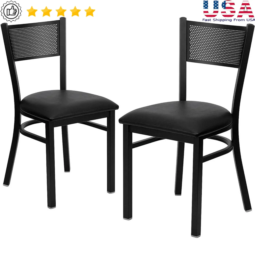 2 Pack Black Metal Restaurant Chairs Grid Back Design Vinyl Seat Heavy Duty Dining Chairs Home and Café Use