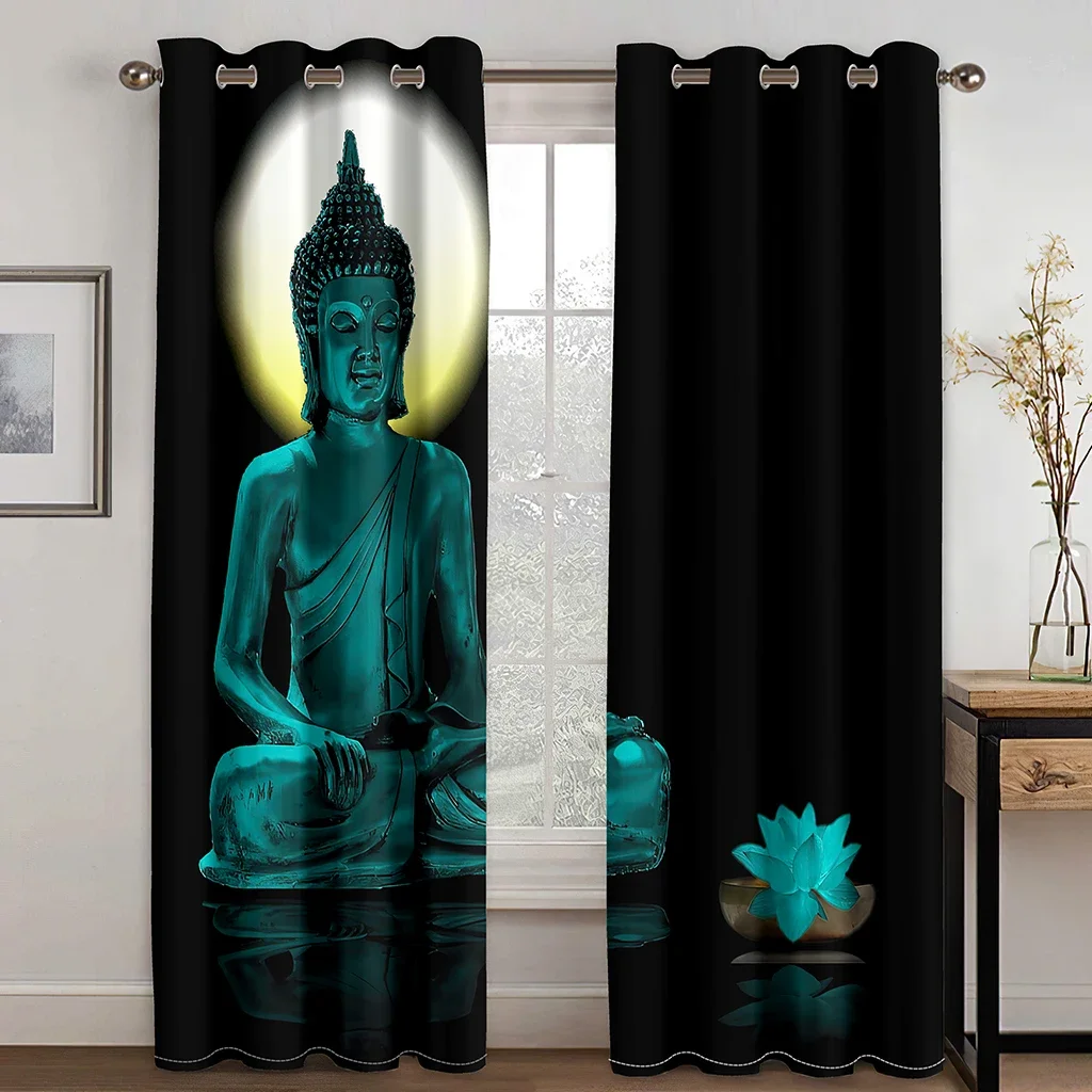 Black Cheap Boho Creek Stone Lotus Buddha 2 Pieces Free Shipping Thin Curtains for Living Room Bedroom Window Drape Decoration