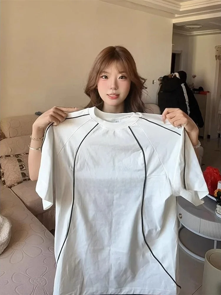 

Женская летняя футболка свободного кроя с коротким рукавом, из плотного чистого хлопка, в стиле пэчворк, повседневная, с круглым вырезом, в корейском стиле