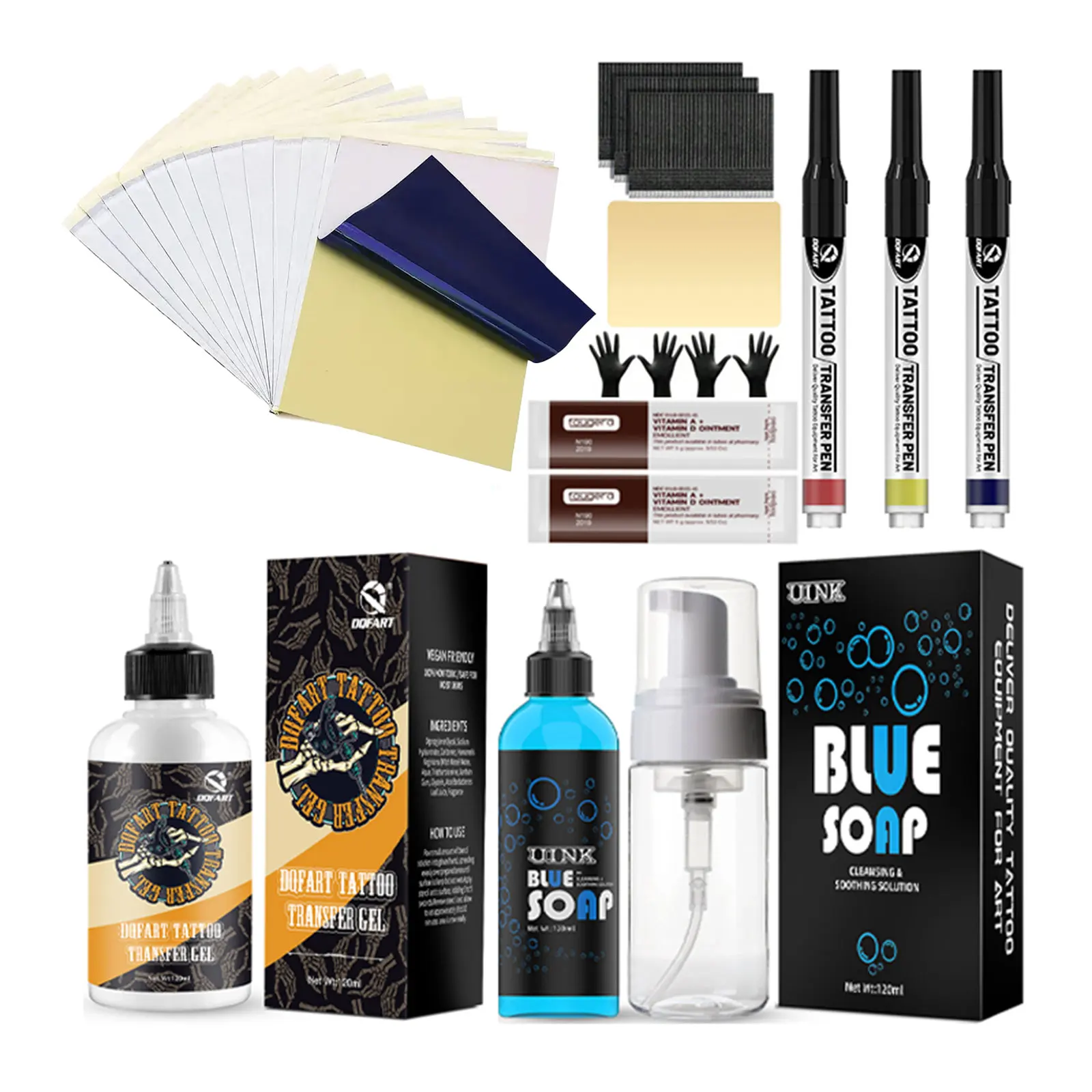 مجموعة استنسل الوشم DQFART للمبتدئين، ورق نقل، جل نقل، طحالب زرقاء، قلم نقل الوشم، كاتب وشم كامل #1