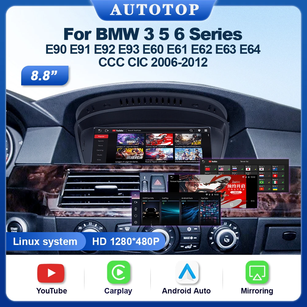 Schermo AUTOTOP Wireless CarPlay per BMW Serie 3 E90 E91 E92 E93 Serie 5 E60 E61 E62 E63 Lettore Multimediale Android Auto Airplay
