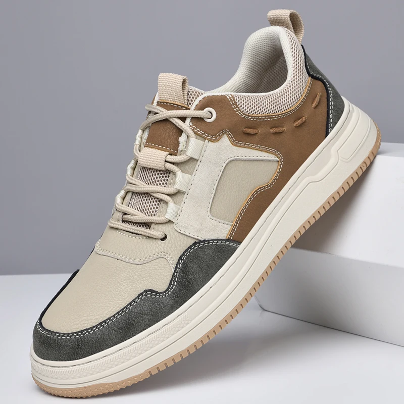 

2025 Men's New Autumn Leather Panel Sneakers - Breathable White Shoes for Casual & Sporty Wear