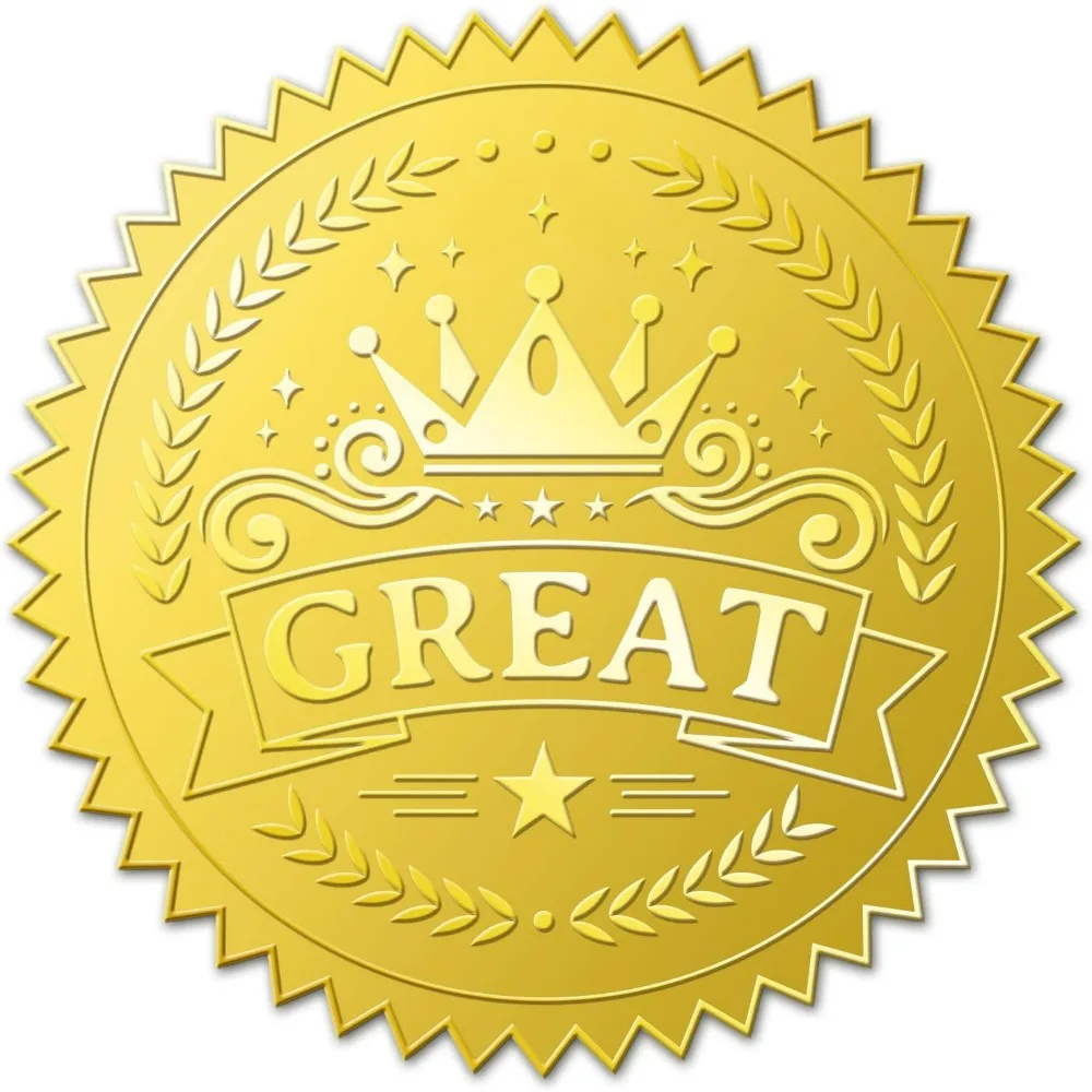 100 Packs Crown Great Embossed Gold Foil Stickers Creat Self Adhesive Certificate Seals for Invitations Graduation Notary Seals