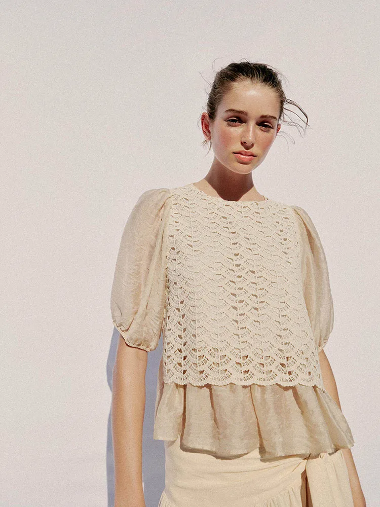 

Summer 2026 New Women's Fashion Bubble Short Sleeve round Neck Hook Needle Splicing Top Chinese Style Clothing