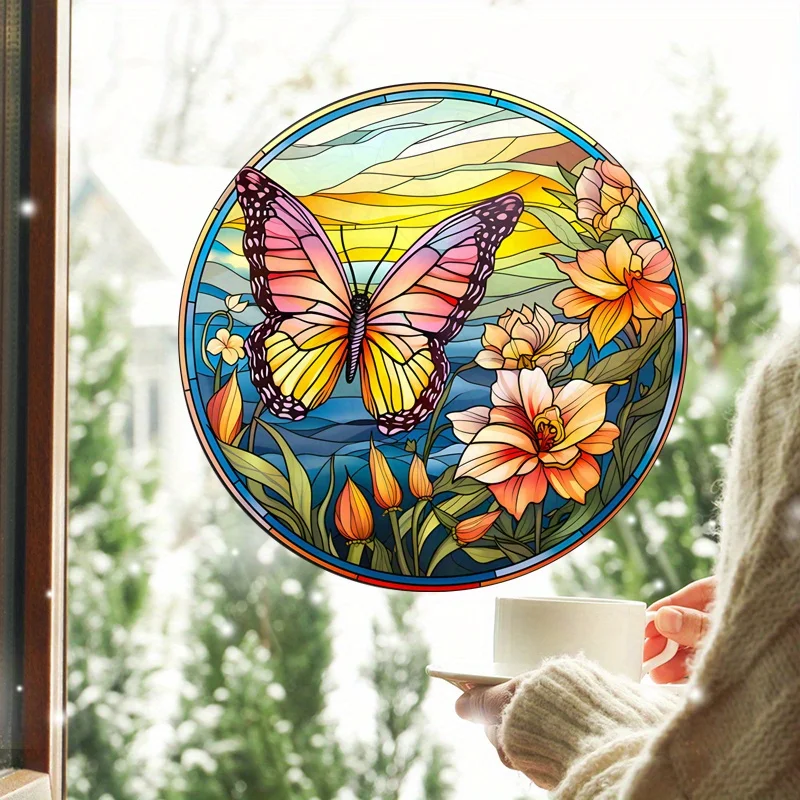 Blume Schmetterling Muster Fenster Glas Elektrostatische Aufkleber Home Fenster Aufkleber Buntglas Look Warnung Kunst Aufkleber # 37