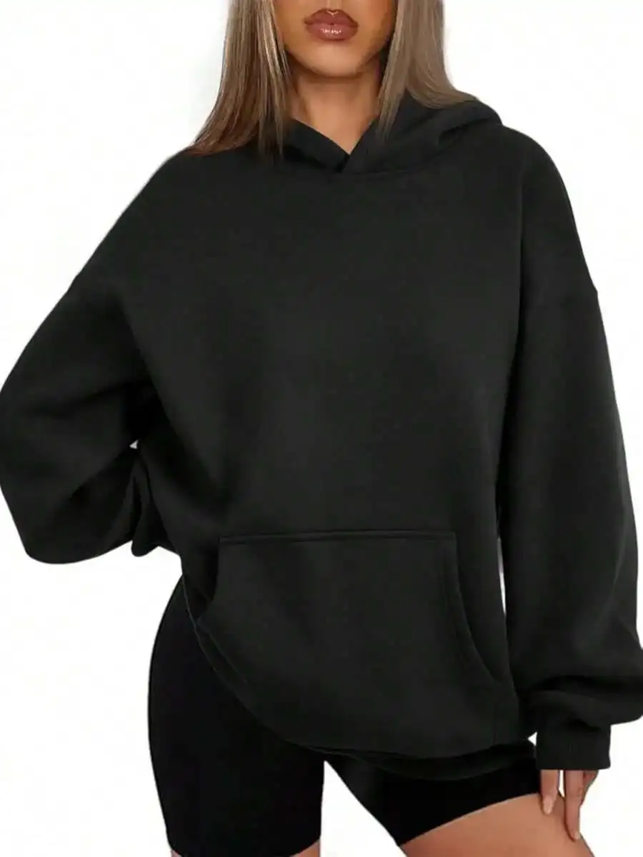 

Women's Oversized Black Hoodie with Kangaroo Pocket, Loose Fit Pullover Sweatshirt for Fall Winter