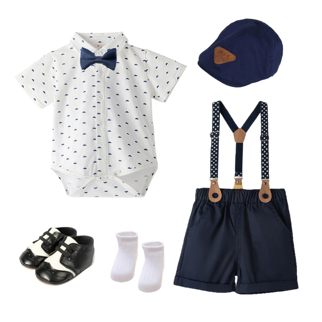 

Birthday Party Outfit for Newborn Baby Boys Print Romper with Suspender Set Toddler Soft Cotton Gentleman Suit Infant Clothing