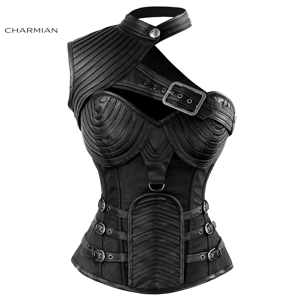 Charmian Women's Steampunk Gothic Steel Boned Faux Leather Corset Top Cosplay with Side Zipper