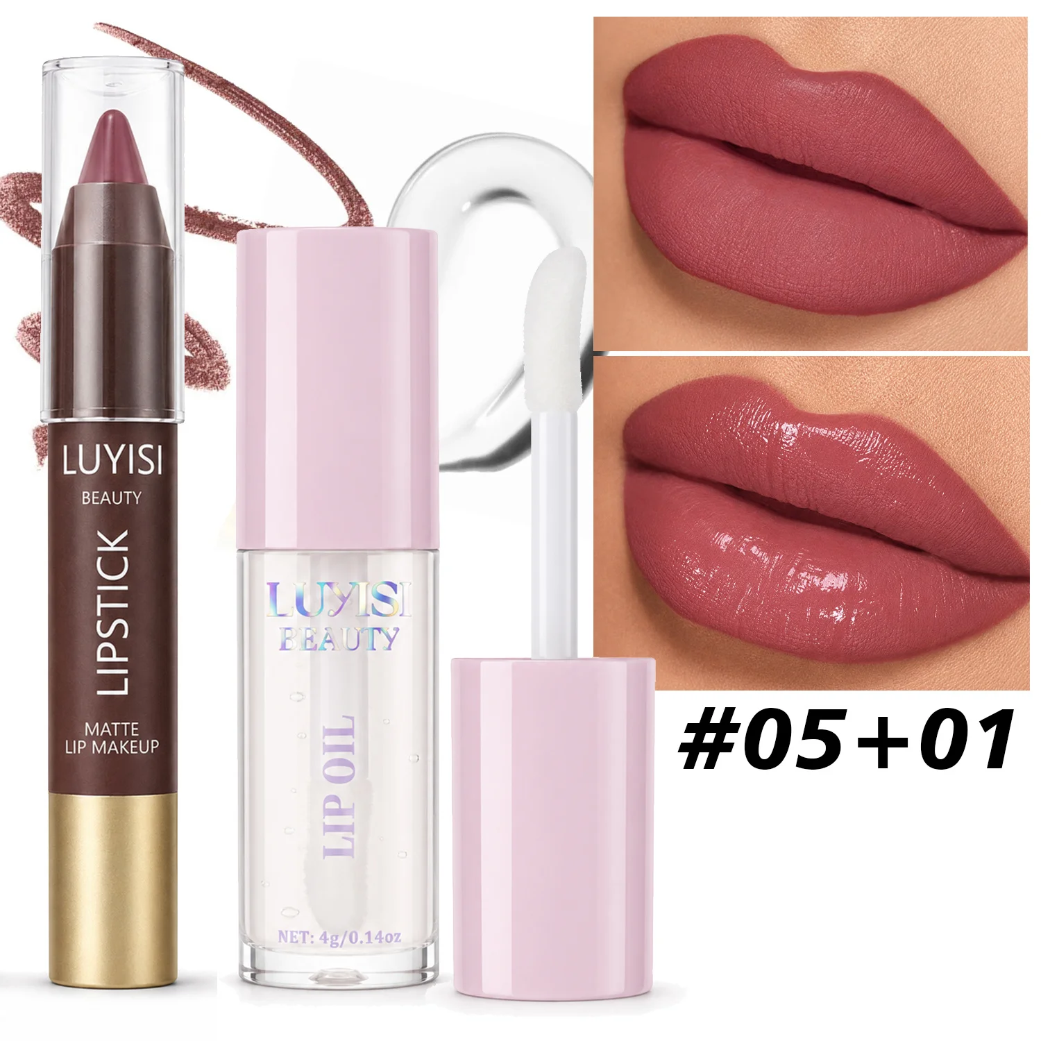 2Pcs Lip Makeup Set:1pc Matte Lipstick Crayon+1pc Glossy Lip Oil,Silky Smooth Texture, Soft Matte Finish with Juicy Shine,