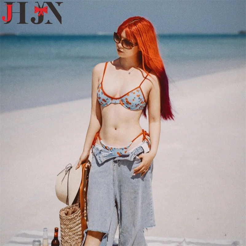 

JHJN Women Swimsuit String Two Piece Triangle Bikini Floral Print Swimwear Hotties Bather Bathing Bandage Swimming Set Beachwear