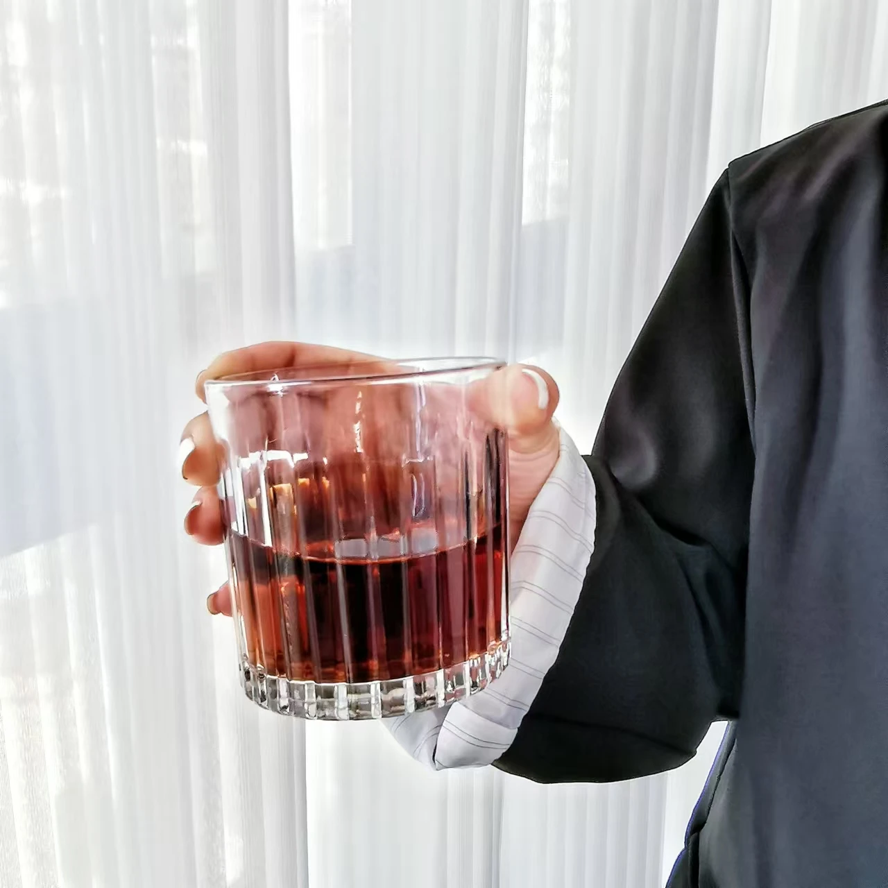 

Whiskey Glass Set - Vertical Striped Bar Cups 300ml, Latte Art Glass for Coffee, Cafe & Home Drinkware, Thickened Clear Tumblers