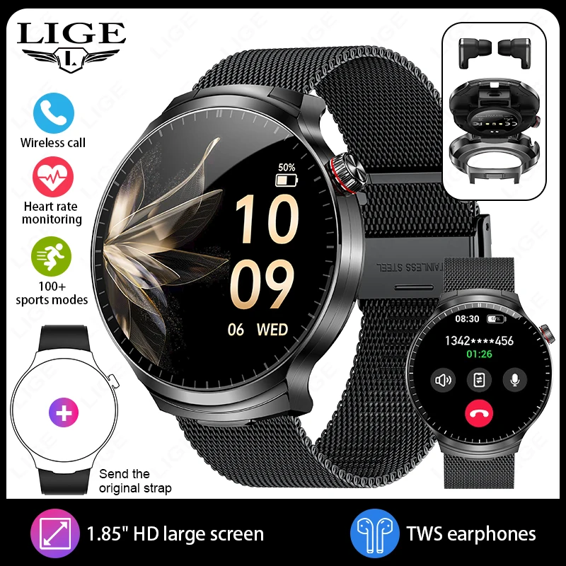 LIGE 2026 Smart Watch 2 in 1 mit Kopfhörer Smartwatch Bluetooth Anruf Männer Uhr AI Stimme Herzfrequenzmesser Musik spielen SmartWatch 9