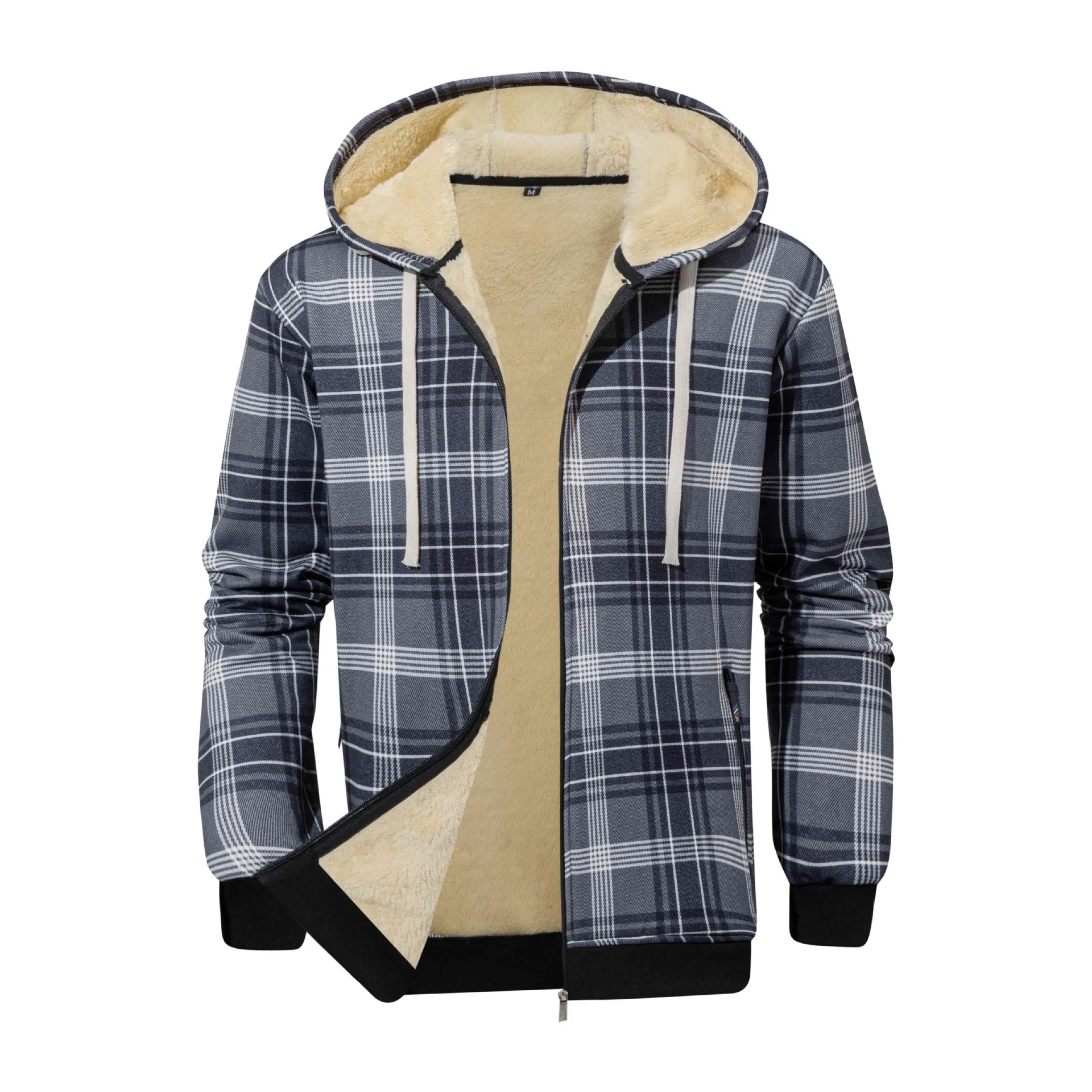 

Autumn Winter Man Plush Coat Vintage Plaid Long Sleeve Zipper Young Male Outerwear Loose Versatile Daily Men Hooded Jacket
