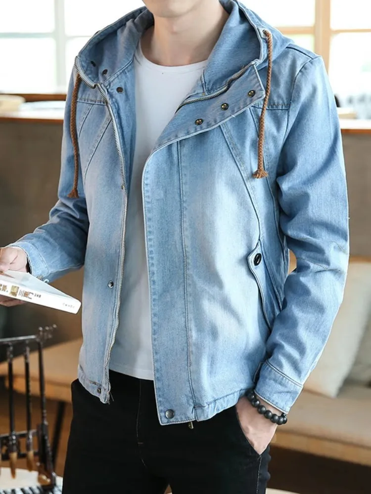 Spring Autumn Japanese Retro Mens Hooded Denim Jacket New Slim Fit Zipper Casual Outerwear Male Long Sleeve Streetwear Coats