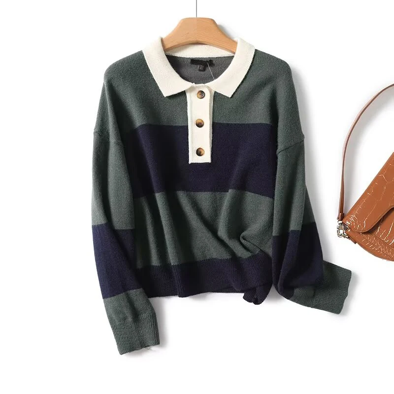 Autumn Women Polo Collar Striped Knit Pullover Long Sleeve Casual Short Sweater