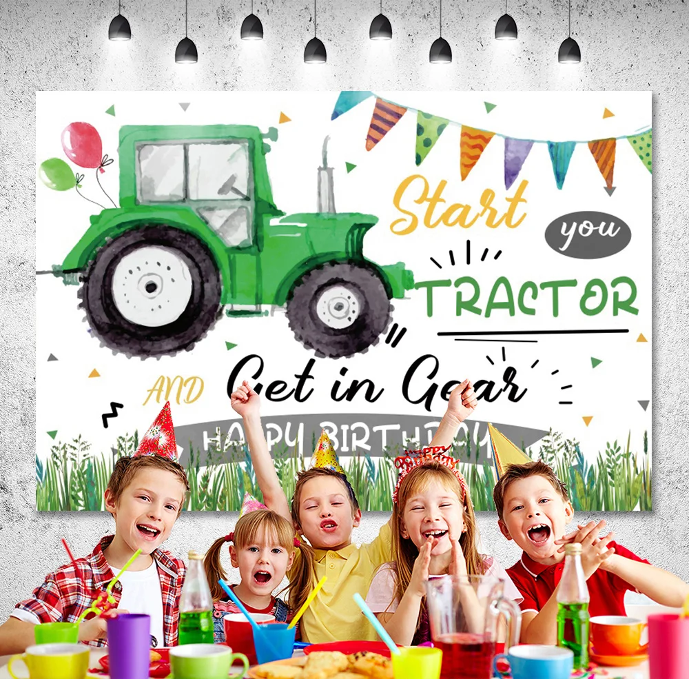 DIXSG Green Tractor Truck Banner Background Kids 1st Birthday Baby Shower Photography Backdrop Green Balloons Photo Studio Props