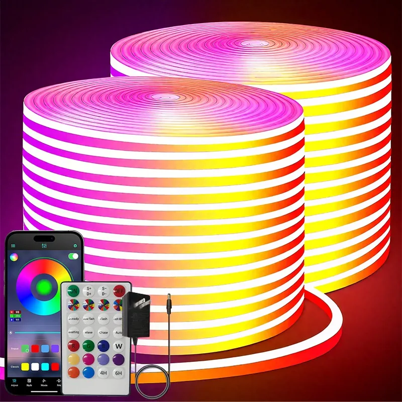 

50FTRGB LED Neon Rope Lights APP Remote Control Music Sync Multiple Modes Timer IP65 Waterproof for Bedroom Gaming Outdoor Decor