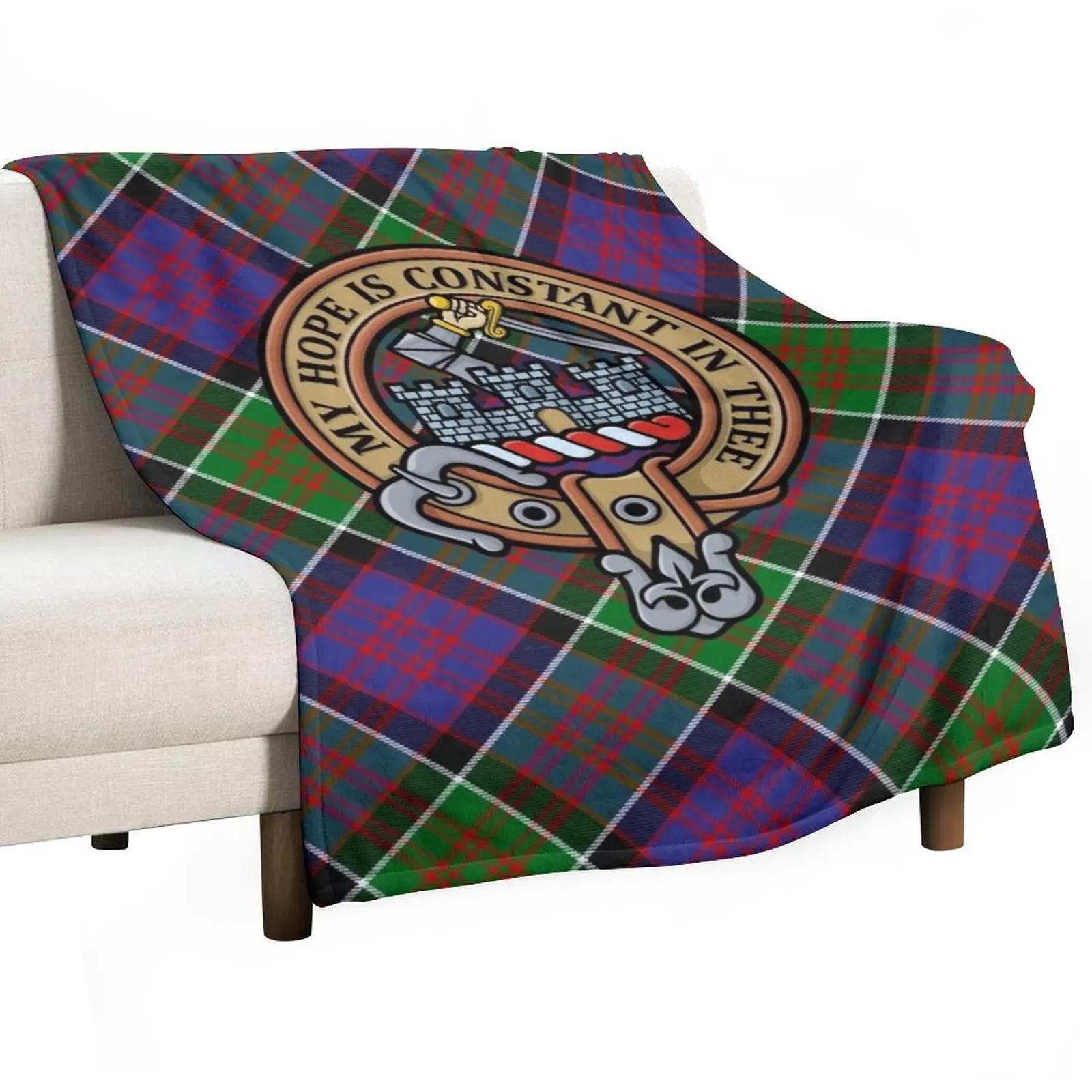

Clan MacDonald of Clanranald Crest over Tartan Throw Blanket Plaid on the sofa Large decorative Warm Blankets