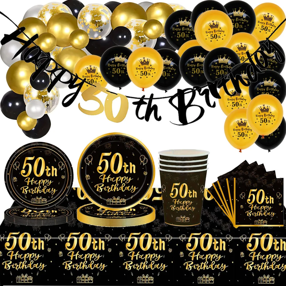 50th Birthday Decorations Banner Plates Cups Napkins Tablecloth Cutlery Balloons 50th Birthday Party Supplies for Men Women