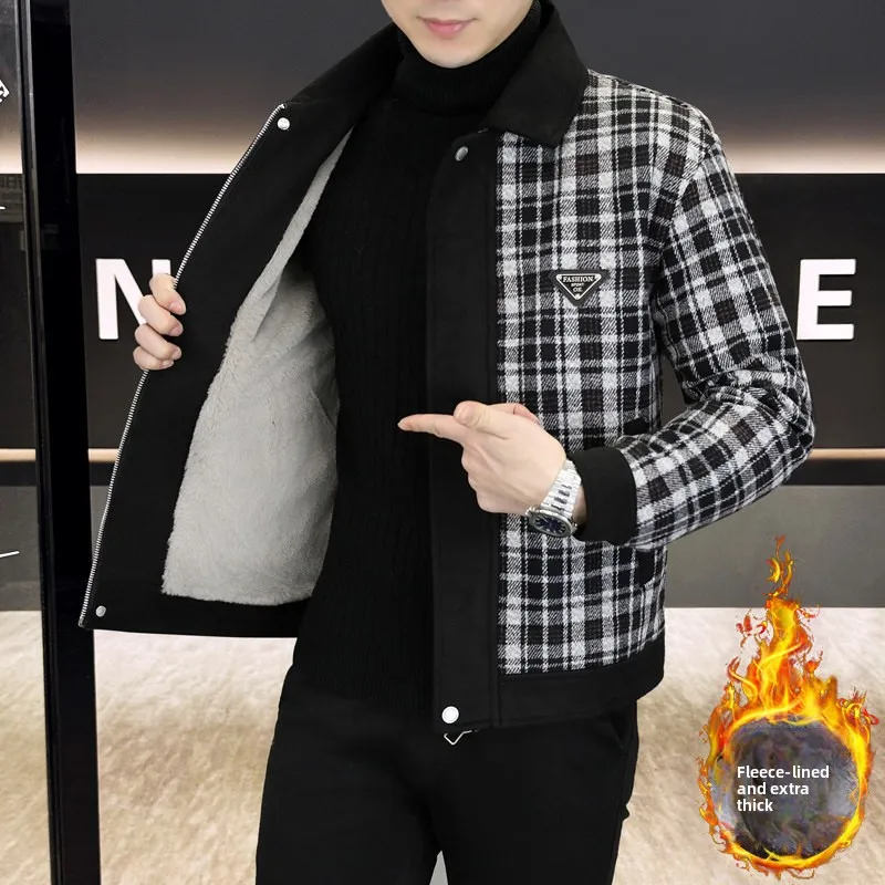 

Зимняя клетчатая куртка с цветными вставками, на флисовой подкладке, утепленная, шерстяная, повседневная, универсальная, мужская, модная, деловая, короткое пальто