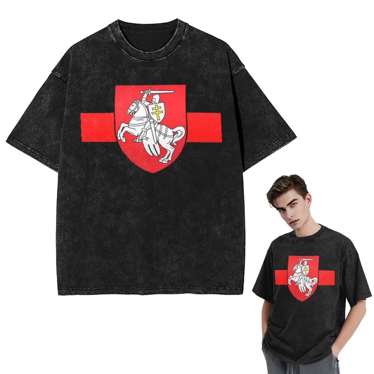 Streetwear T-Shirts Belarus Pogonya Flag Square Protest Symbol Belarusian Washed T Shirt Short Sleeve Hip Hop T-Shirt Tops Tees
