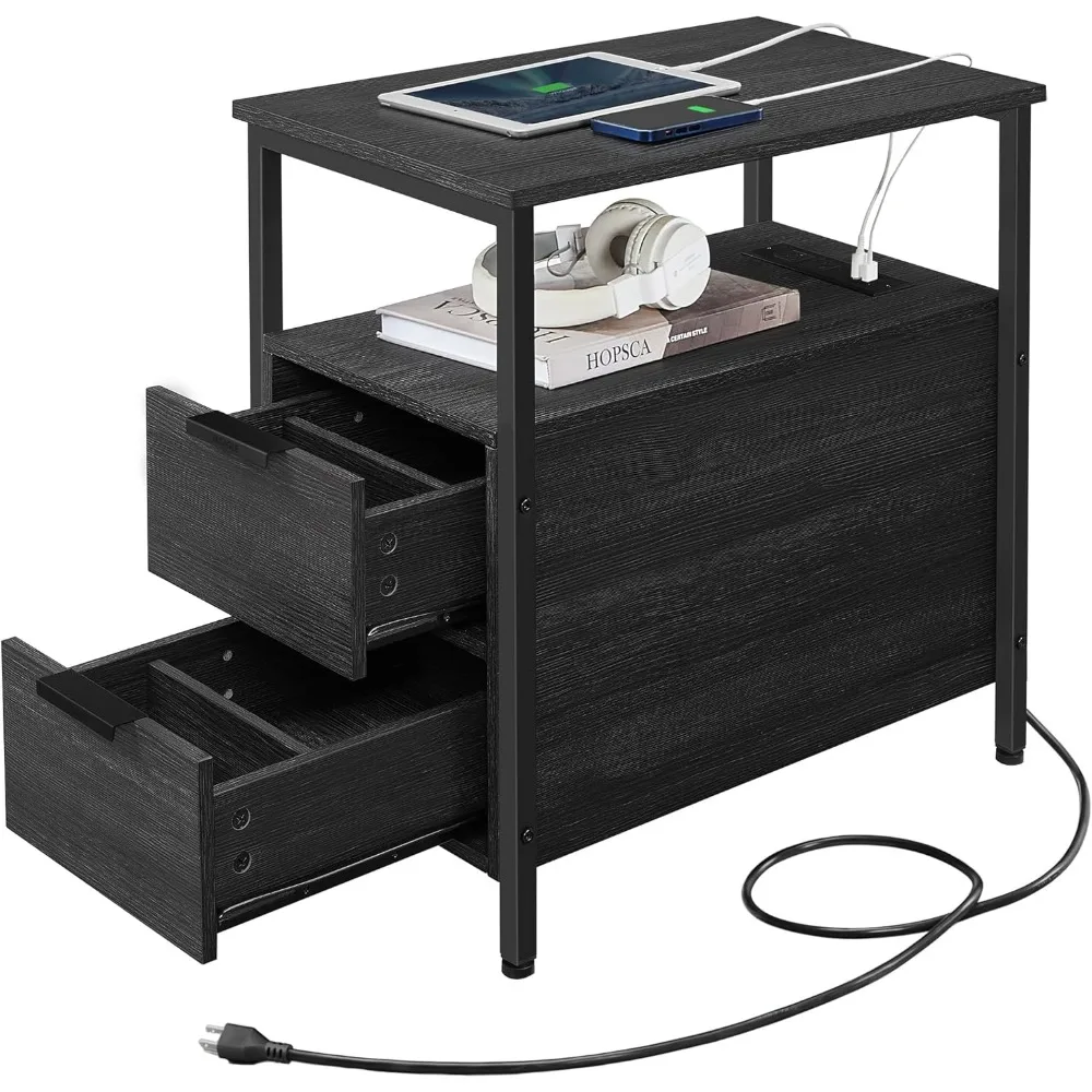 

Side Table with Charging Station, Narrow End Table with 2 Drawers, Slim Nightstand and Bedside Table with Storage, for Small Sp