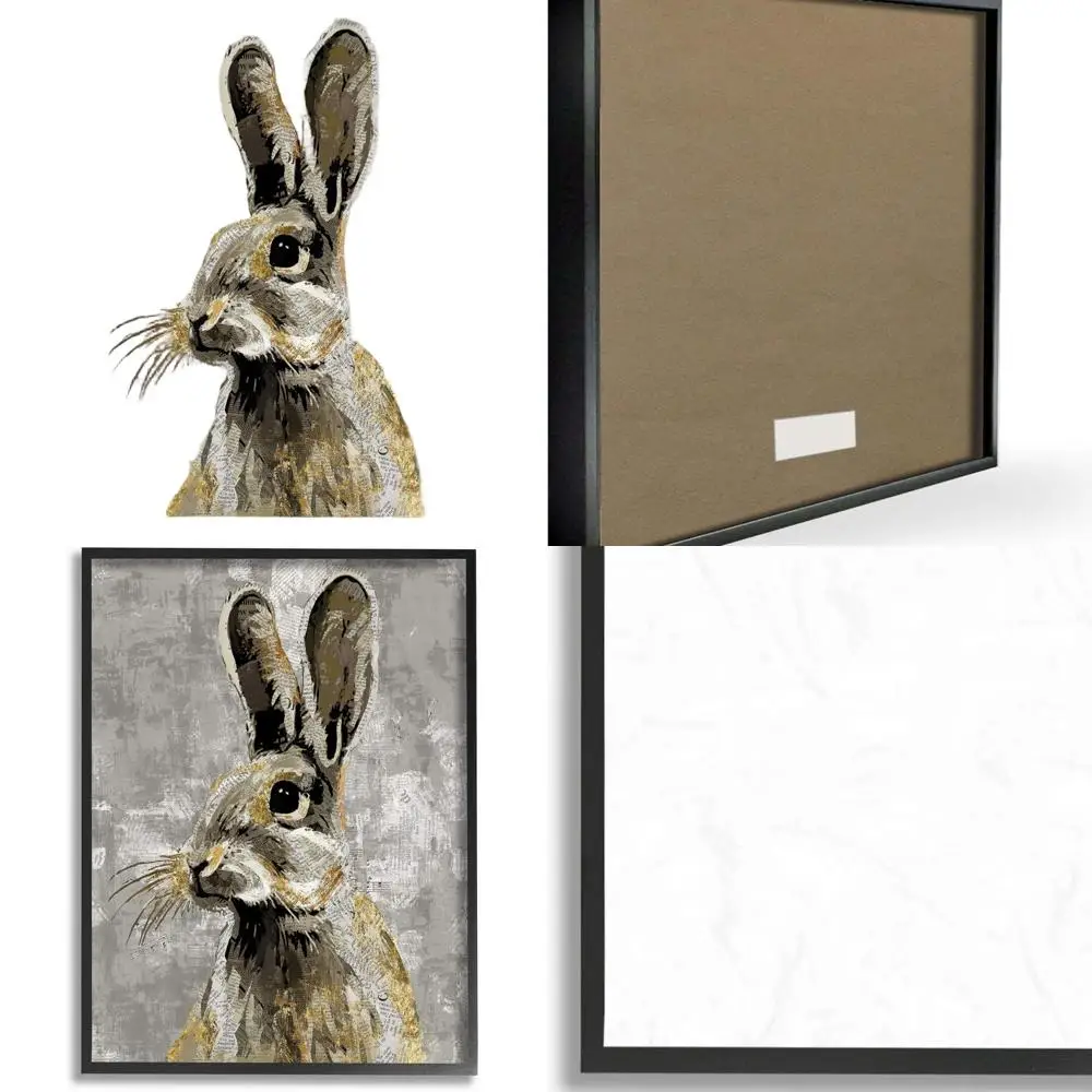 

24x30 Grey Gold Rabbit Newspaper Collage Art, Black Framed Wall Decor, Multi-Colored