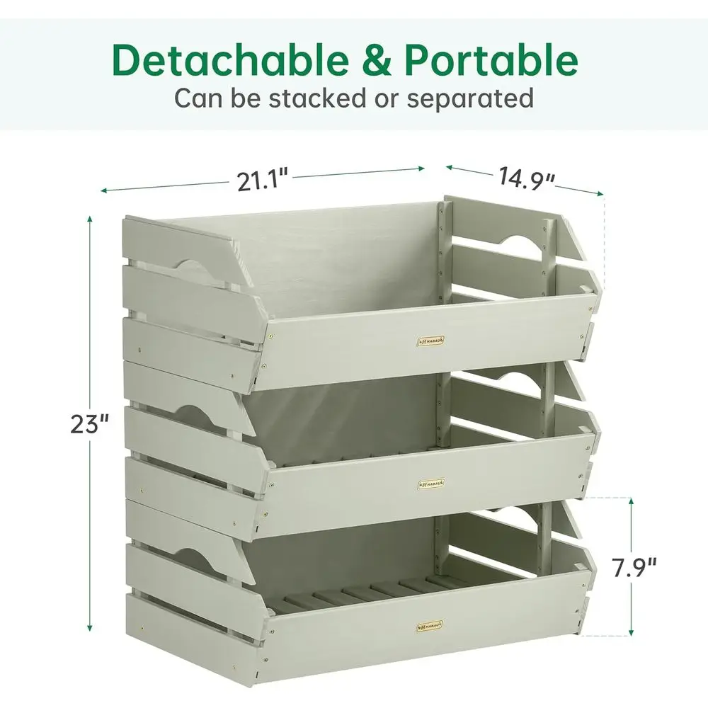 سلال إنتاج خشبية قابلة للتكديس - مجموعة مكونة من 3 قطع لتنظيم تخزين الفواكه والخضروات في المطبخ #3