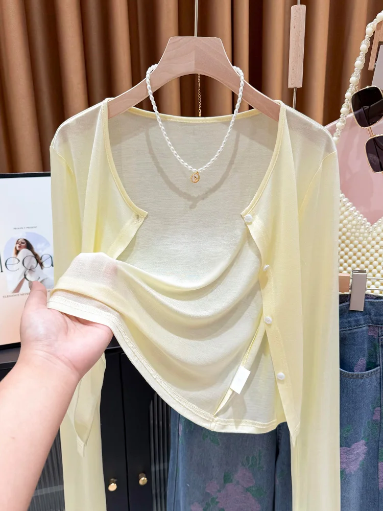 

Желтый вязаный кардиган из ледяного шелка Dopne для защиты от солнца, женская летняя пляжная накидка для купальника, тонкая накидка-туника