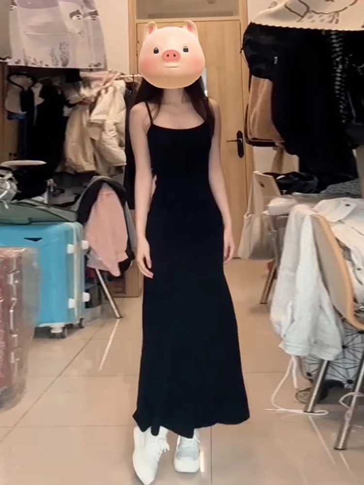 Bla Strapl Schlankmachendes Sommer-Dr. Sexy Hepburn Langes Kleid Damenmode Koreanisch Hohe Taille Polyesterfaser Baumwolle B...