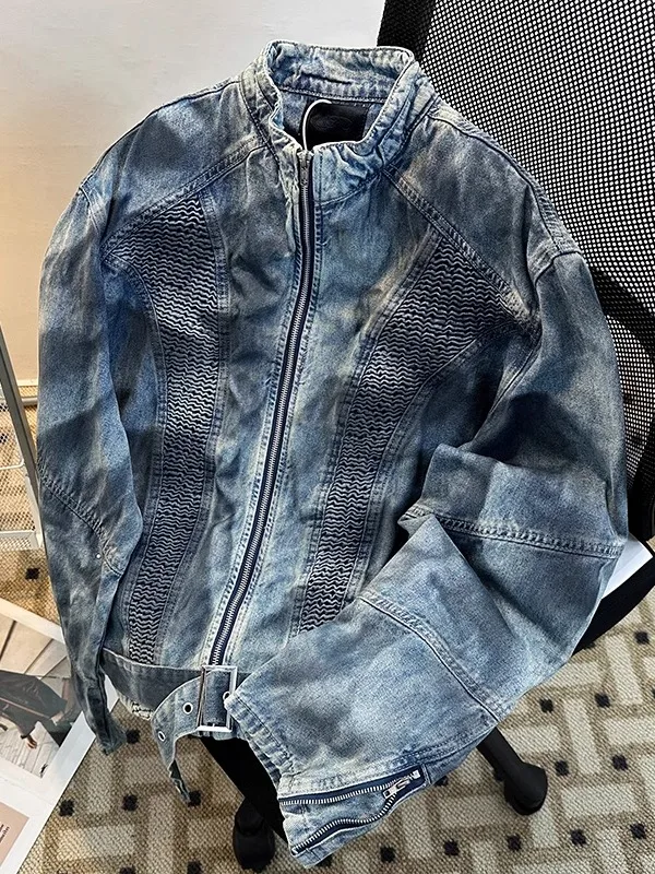 

Retro American Waed Denim oulder Pad Jaet Stand Collar adient Casual Outerwear for Men Simple Sle Spring Autumn