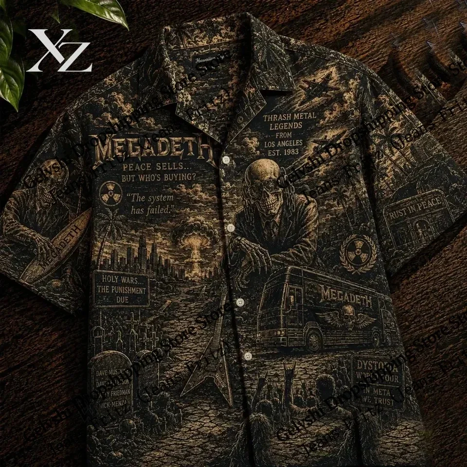 Heavy Metal Rock Megadeth Band 3D Print Hawaiian Shirt Men Women Fashion Single-breasted Short Sleeve Shirt Skull Blouse Camisas