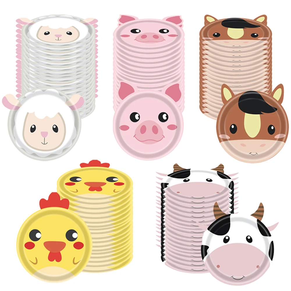 10pcs Farm Animals 7inch Cartoon Pink Pig Chicken Cow Horse Sheep Pattern Paper Plates Kids Birthday Party Baby Shower Supplies