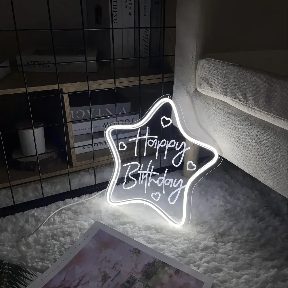 Enseigne au néon personnalisée Happy Birthday Star, lumières LED personnalisées sculptées, accessoires de fête de naissance, décoration murale, support