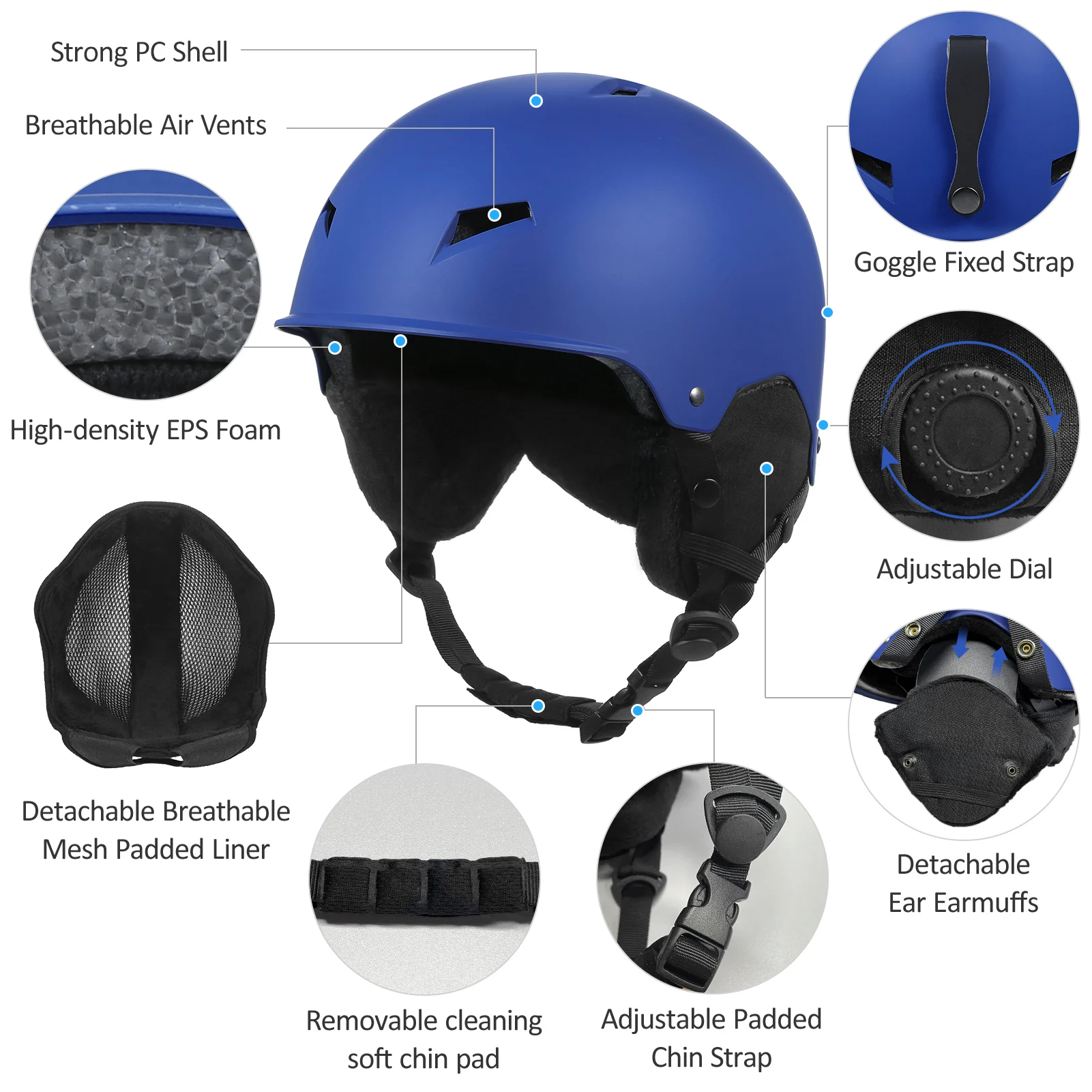 Snow Helmet with Detachable Earmuff Men Women Snowboard Helmet with Goggle Fixed Strap Safety Skiing Helmet Skiing Sports Helmet