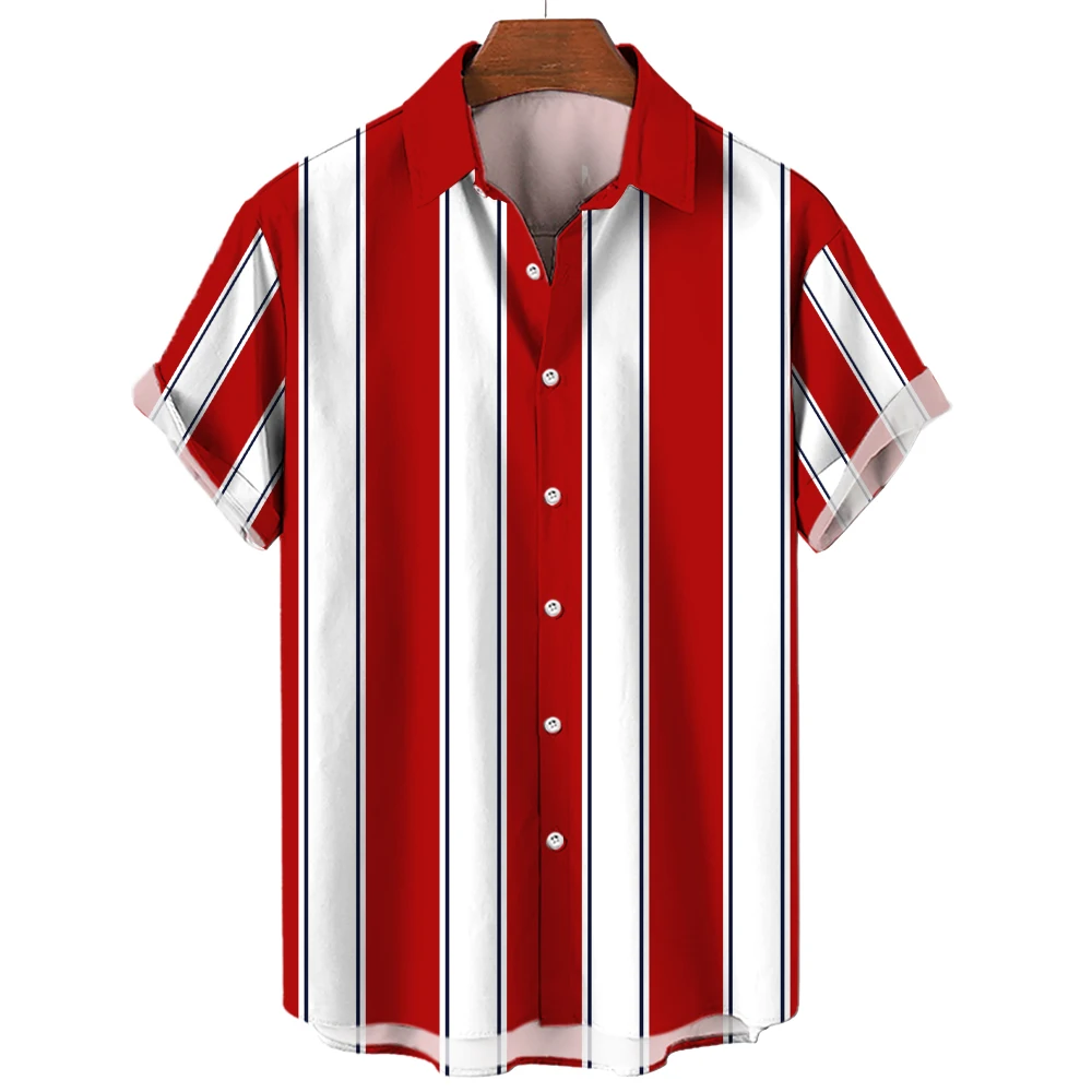 

Men's Summer Stripes Casual Shirt Hawaiian Print Short Sleeve Beachwear Vacation Fashion Social Lapel Button Oversized Clothing