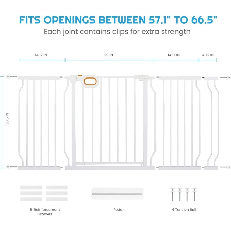 Stair Baby Gate 57-66 Inch, Extra Wide Safety Gate for Baby Pet Adjustable Dog Gates Indoor Extra Wide Gates Pressure Mounted