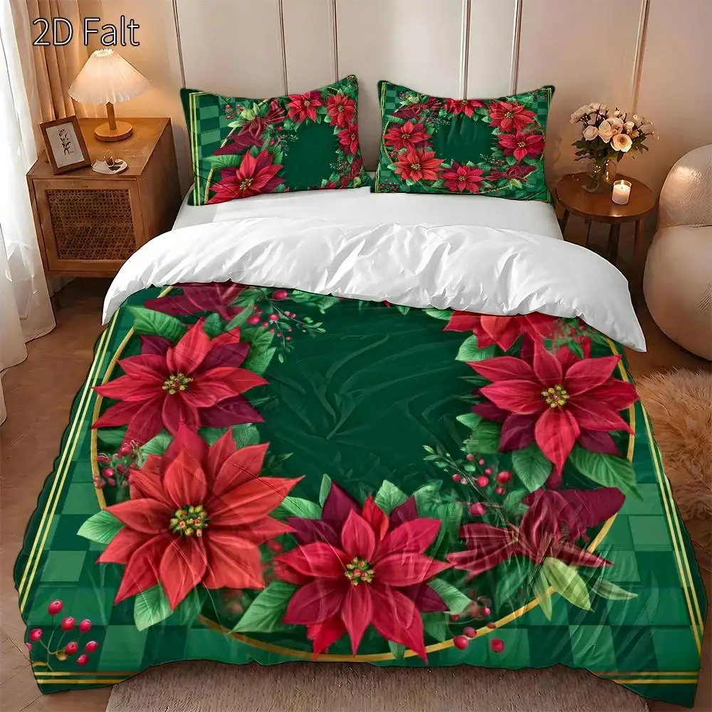 3-Piece Quilt Cover Set, 1 Quilt Cover + 2 Pillowcases (Without Filling) Quilt Cover 2D Flat Printing, Three-Piece Quilt Cover Set, Red Poinsettia Wreath Theme, Light Luxury Printed Quilt Cover Set, Christmas Atmosphere Essential, Holiday Decoration