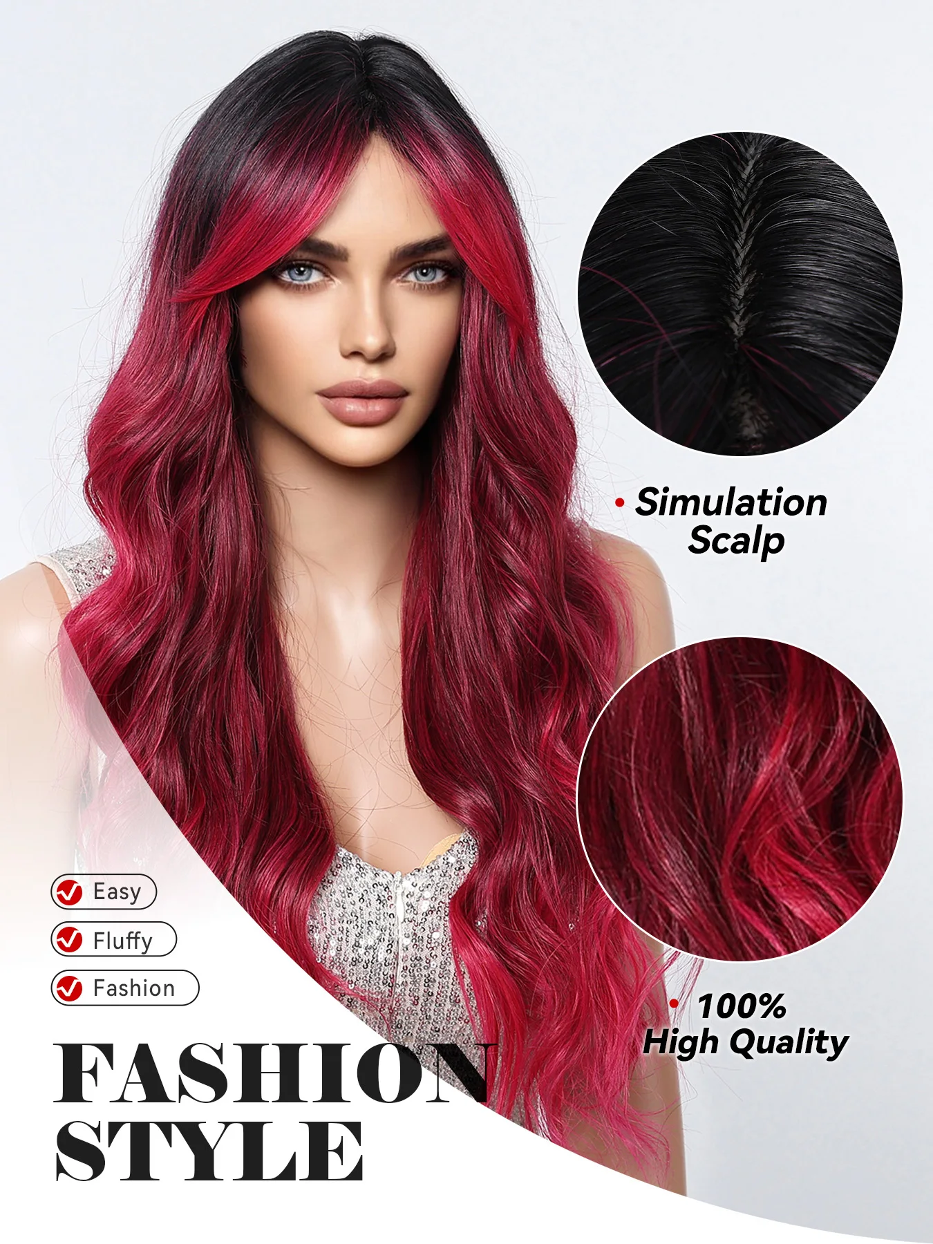 هالوين طويل مجعد التنين الفاكهة الوردي أومبير الاصطناعية شعر مستعار متموج الجزء المتوسط موجة المياه الباروكات للنساء اليومية تأثيري شعر مستعار