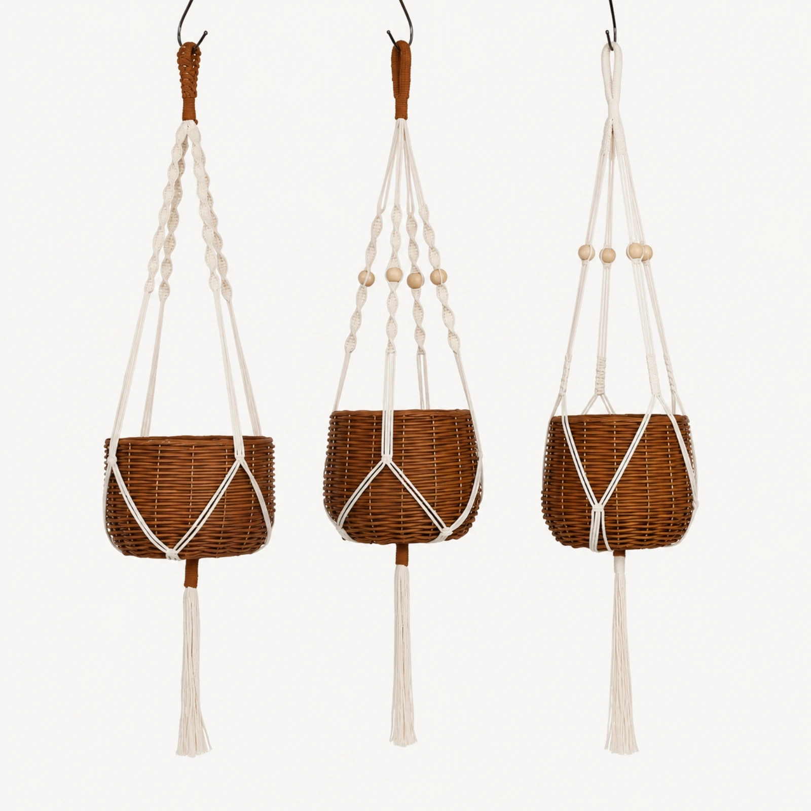 3 Pieces Handwoven Cotton Hanging Plant Basket Handmade Hanging Plant Basket with Tassel Handmade Sturdy for Home Décor