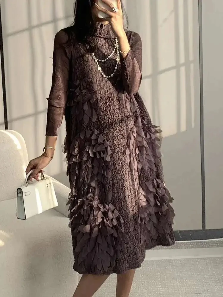 

Party A-line Dress Women's Applique Full Sleeve Stand Neck A Line Elegant Temperament Miyake Summer New 2025 Pullover Dresses
