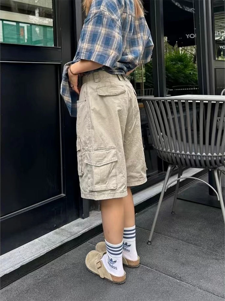 QWEEK Vintage Shorts Cargo Pants Summer Women Y2k Pockets Knee Length Baggy Pants Harajuku Streetwear Casual Oversize Shorts